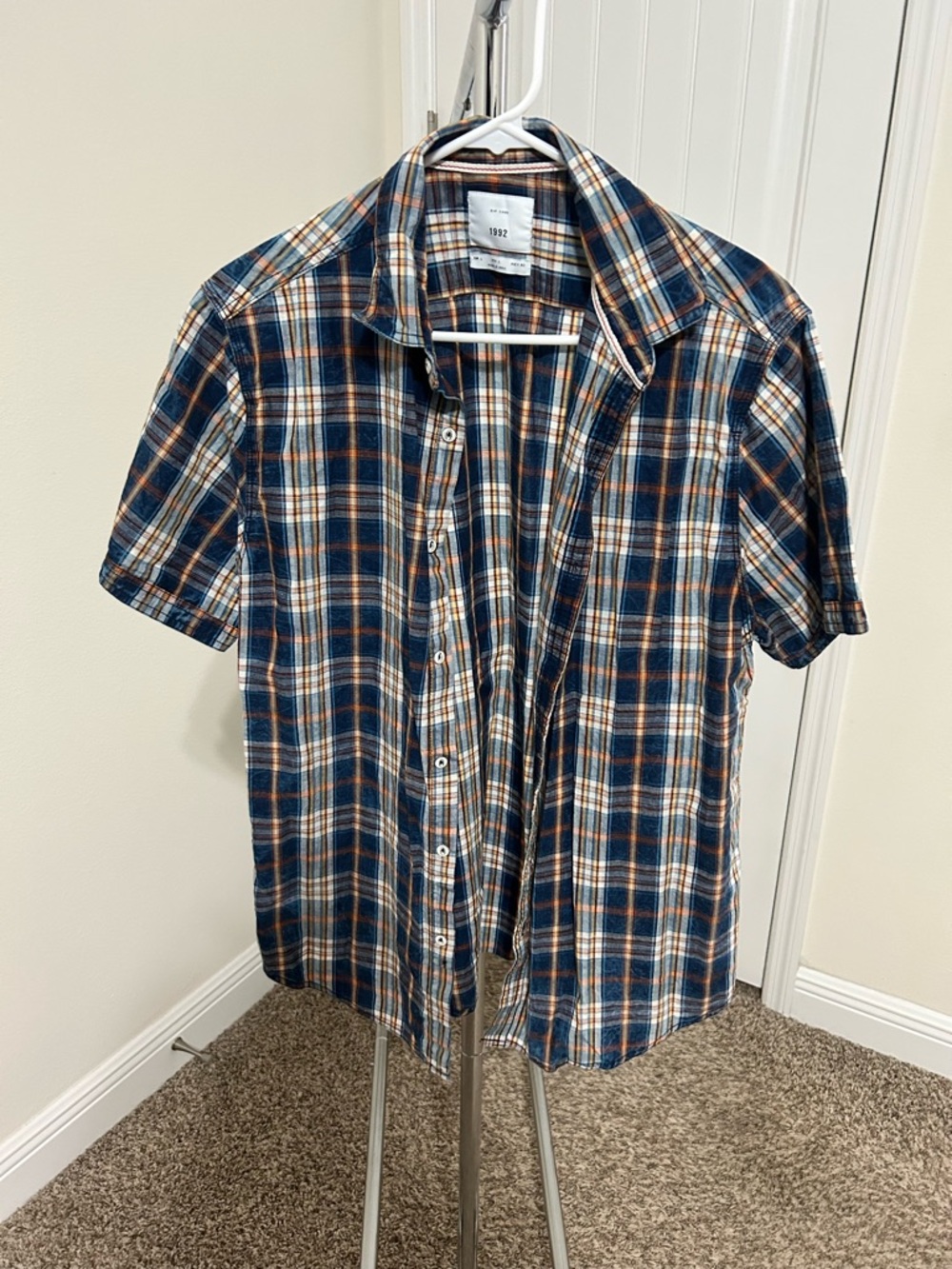 Casual Men's Navy & Orange Plaid Short-Sleeve Shirt
